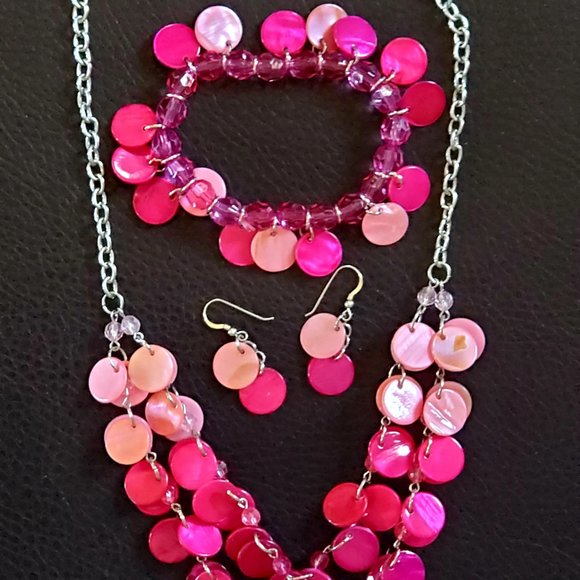 Mother of Pearl Abalone Shell Dark and Light Pink Necklace Bracelet Earrings Set - Picture 9 of 9